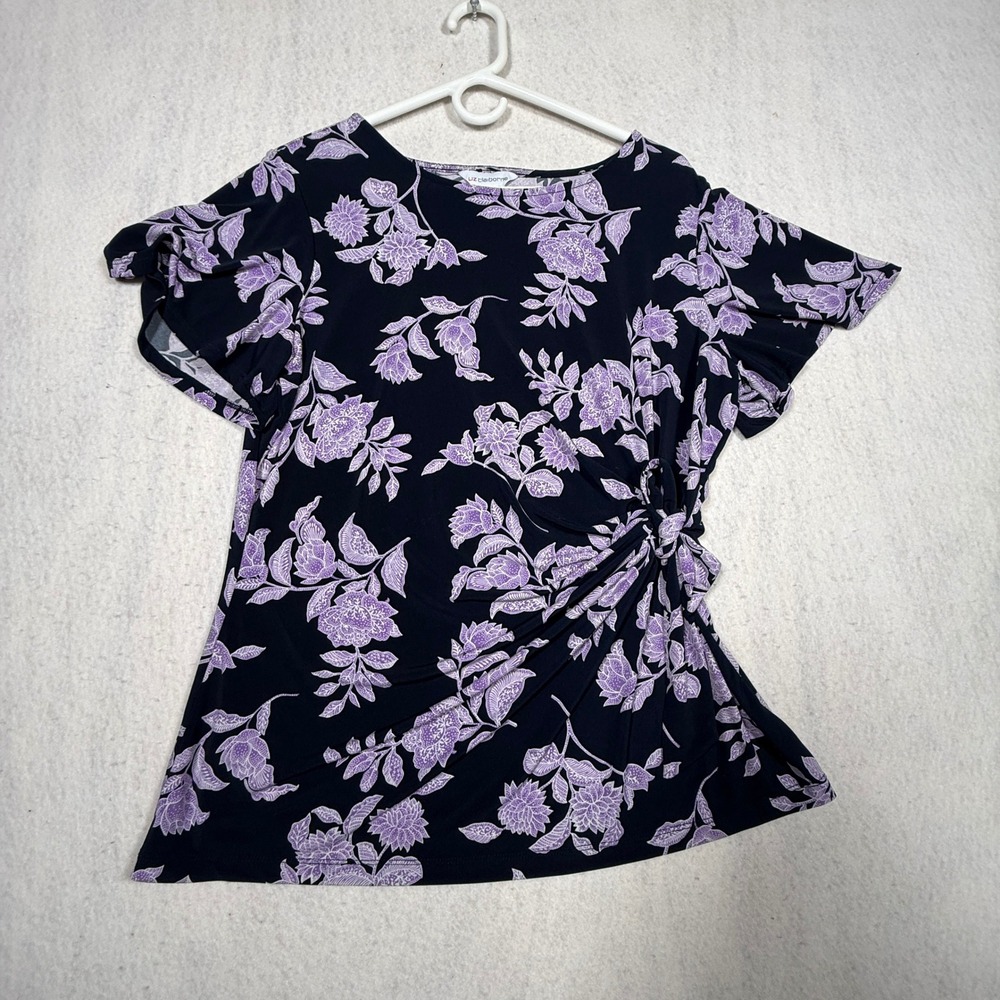Liz Claiborne Womens Purple Floral Side Knot Short Sleeve Blouse Navy Blue Large